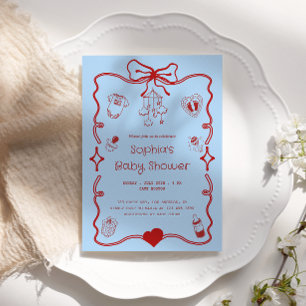 Invitation Joli Baby shower rouge et bleu pour filles ou garç