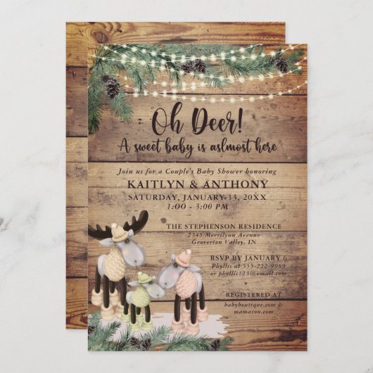 Invitation Joli Baby shower rustique d'hiver Cerf Couple (Devant / Derrière)