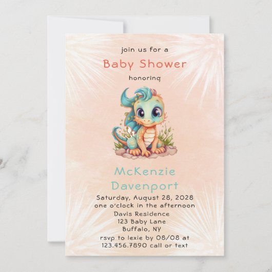 Invitation Joli Baby shower Turquoise de dragon orange (Devant)