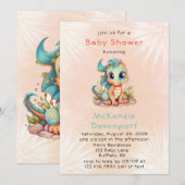 Invitation Joli Baby shower Turquoise de dragon orange (Devant / Derrière)