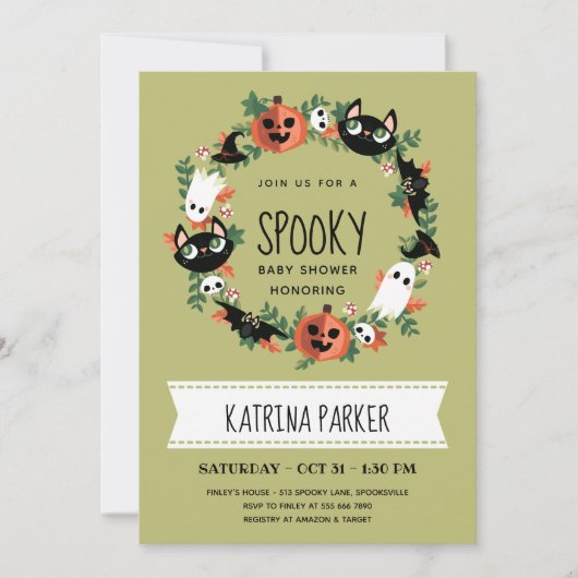 Invitation Joli Baby shower vert Éffrayant Halloween Wreath (Devant)
