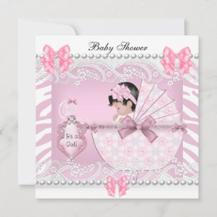 Invitation Joli Baby shower Zebra Baby Girl Dentelle rose