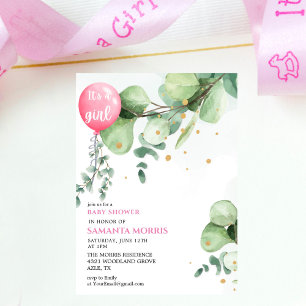 Invitation joli Ballon en eucalyptus rose C'est une Fille Bab