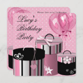 Invitation Joli Ballons cadeau Pink et Black fête d'anniversa (Devant / Derrière)