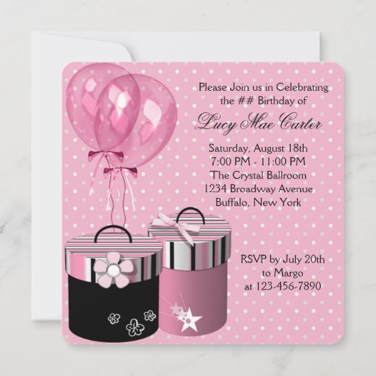 Invitation Joli Ballons cadeau Pink et Black fête d'anniversa (Dos)