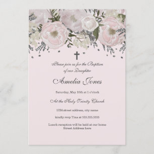 Invitation Joli baptême floral rose blush argent