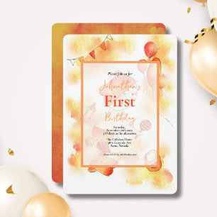 Invitation Joli bébé à l'aquarelle orange et jouets 1er anniv