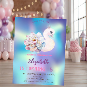Invitation Joli bébé cygne fleur bleu holographique Anniversa