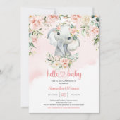 Invitation Joli bébé éléphant rousse fleurs rose or fille (Devant)