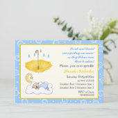 Invitation Joli bébé garçon endormi saupoudrer bleu et jaune (Debout devant)