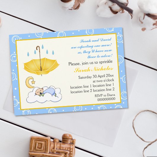 Invitation Joli bébé garçon endormi saupoudrer bleu et jaune