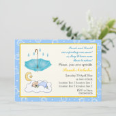 Invitation Joli bébé garçon endormi saupoudrer bleu et jaune (Debout devant)
