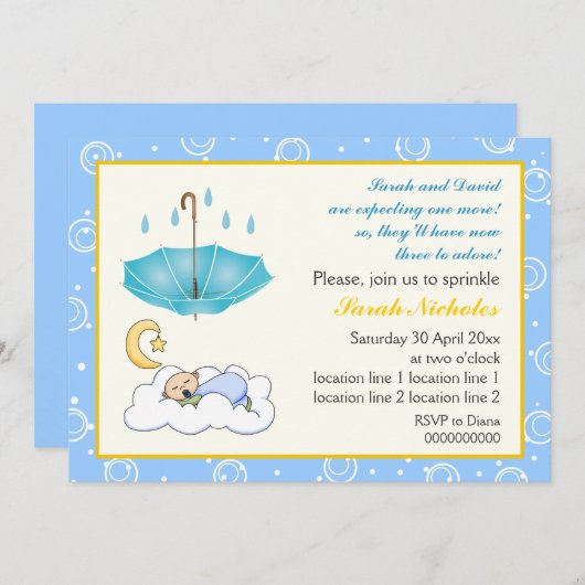 Invitation Joli bébé garçon endormi saupoudrer bleu et jaune (Devant / Derrière)