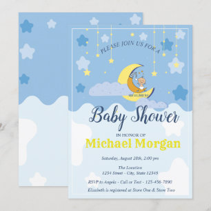 Invitation Joli bébé garçon, Lune, Étoiles