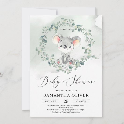 Invitation Joli bébé koala vert eucalyptus Baby shower (Devant)