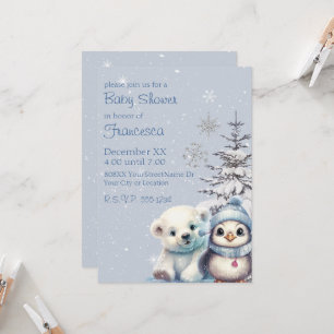 Invitation Joli bébé ours polaire et manchot Pôle Nord Hiver