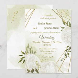 Invitation joli blanc fleurs verdure mariage géométrique