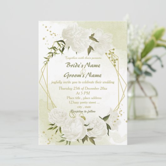 Invitation joli blanc fleurs verdure mariage géométrique (Debout devant)