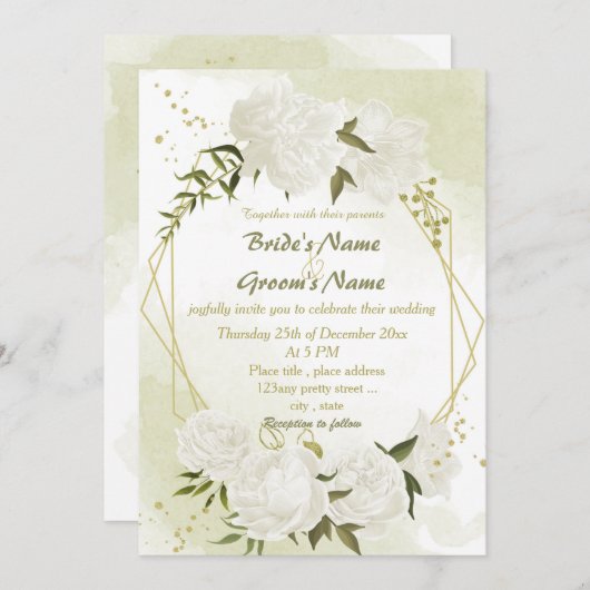 Invitation joli blanc fleurs verdure mariage géométrique (Devant / Derrière)