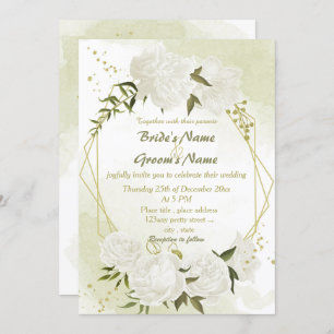 Invitation joli blanc fleurs verdure mariage géométrique