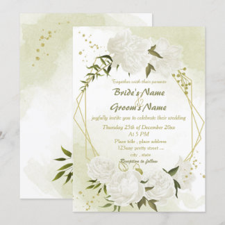 Invitation joli blanc fleurs verdure mariage géométrique