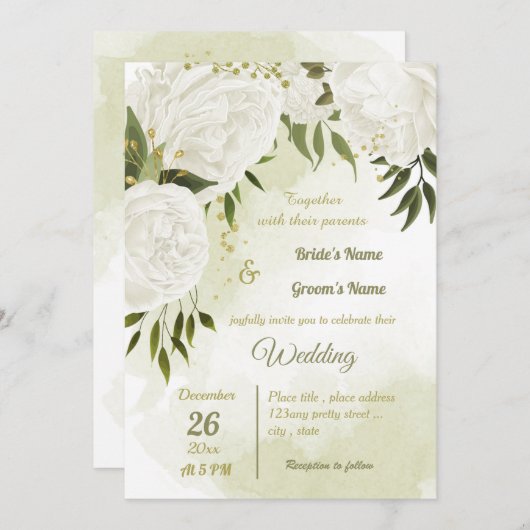 Invitation joli blanc fleurs verdure mariage géométrique (Devant / Derrière)