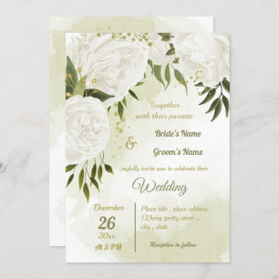 Invitation joli blanc fleurs verdure mariage géométrique