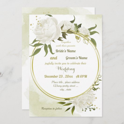 Invitation joli blanc fleurs verdure mariage géométrique (Devant / Derrière)