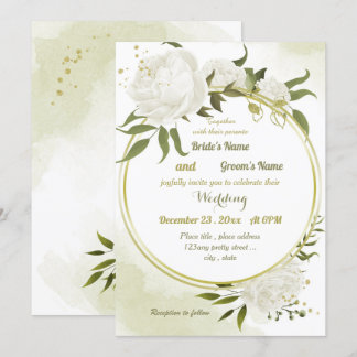 Invitation joli blanc fleurs verdure mariage géométrique