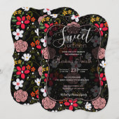 Invitation Joli blanc rose floral noir brush Strokes (Devant / Derrière)