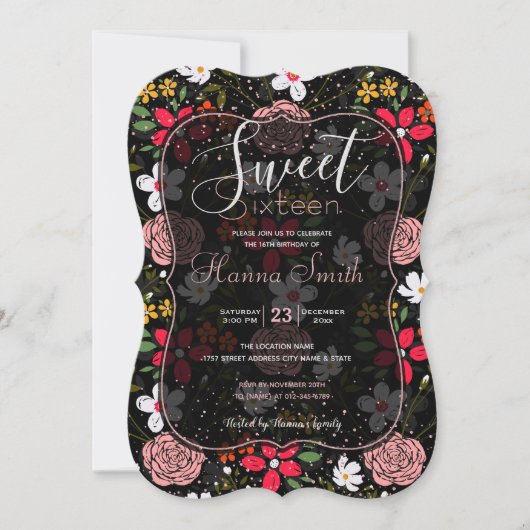 Invitation Joli blanc rose floral noir brush Strokes (Devant)