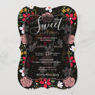 Invitation Joli blanc rose floral noir brush Strokes