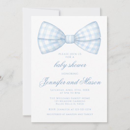 Invitation Joli bleu arc ruban cravate bébé garçon douche (Devant)