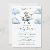 Invitation Joli bleu avion en peluche ours bébé garçon douche (Devant)