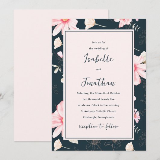 Invitation Joli bleu bleu floral modèle Mariage (Devant / Derrière)