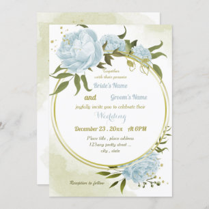 Invitation joli bleu fleurs verdure mariage géométrique