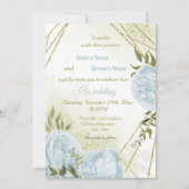 Invitation joli bleu fleurs verdure mariage géométrique (Devant)