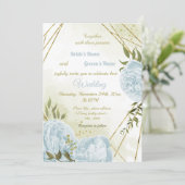 Invitation joli bleu fleurs verdure mariage géométrique (Debout devant)