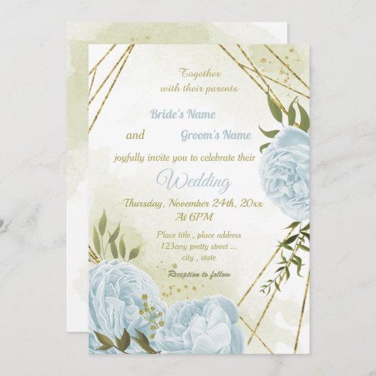 Invitation joli bleu fleurs verdure mariage géométrique (Devant / Derrière)