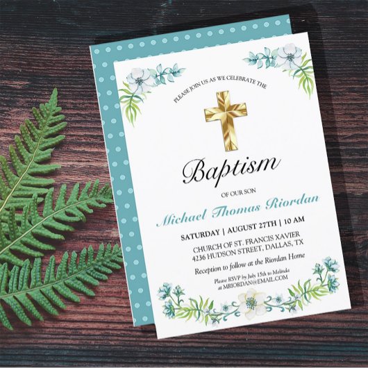 Invitation Joli bleu Floral Gold Cross Boy Baptism