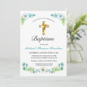 Invitation Joli bleu Floral Gold Cross Boy Baptism (Debout devant)