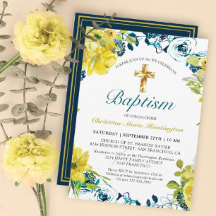 Invitation Joli bleu foncé bleu floral croix or Baptême