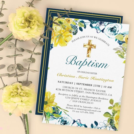 Invitation Joli bleu foncé bleu floral croix or Baptême