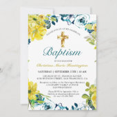 Invitation Joli bleu foncé bleu floral croix or Baptême (Devant)