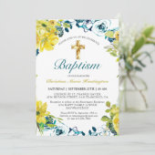 Invitation Joli bleu foncé bleu floral croix or Baptême (Debout devant)
