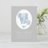 Invitation Joli bleu gris éléphant mère et bébé garçon douche (Debout devant)
