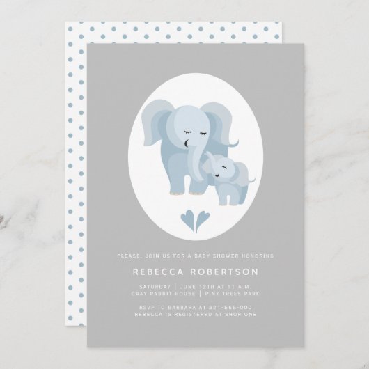Invitation Joli bleu gris éléphant mère et bébé garçon douche (Devant / Derrière)
