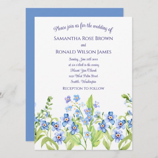 Invitation Joli Bleu Oublie Moi Pas Mariage Aquarelle (Devant / Derrière)