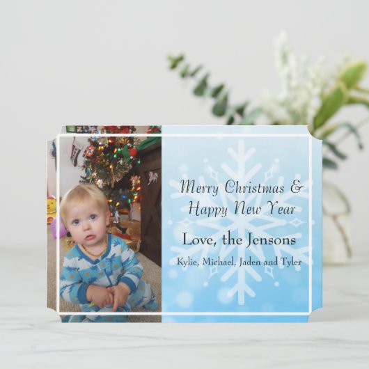 Invitation Joli bleu Personnaliser Flocon de neige Photo Noël (Debout devant)