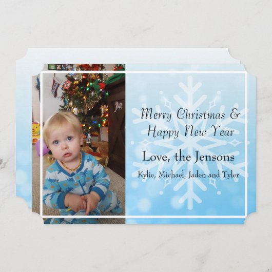Invitation Joli bleu Personnaliser Flocon de neige Photo Noël (Devant / Derrière)